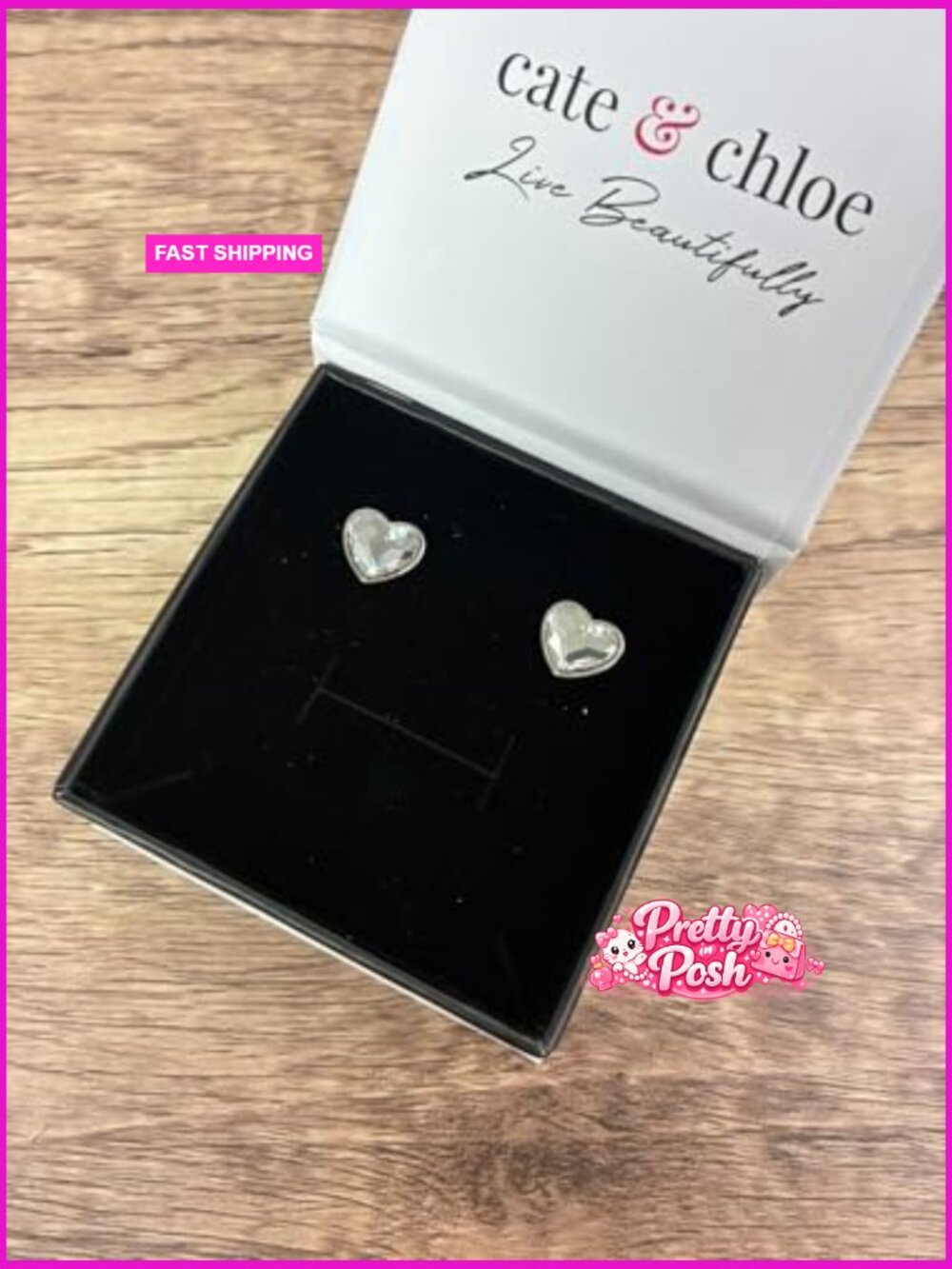 18k White Gold-Plated Heart Stud Earrings with Simulated Diamond Crystals - Picture 6 of 7